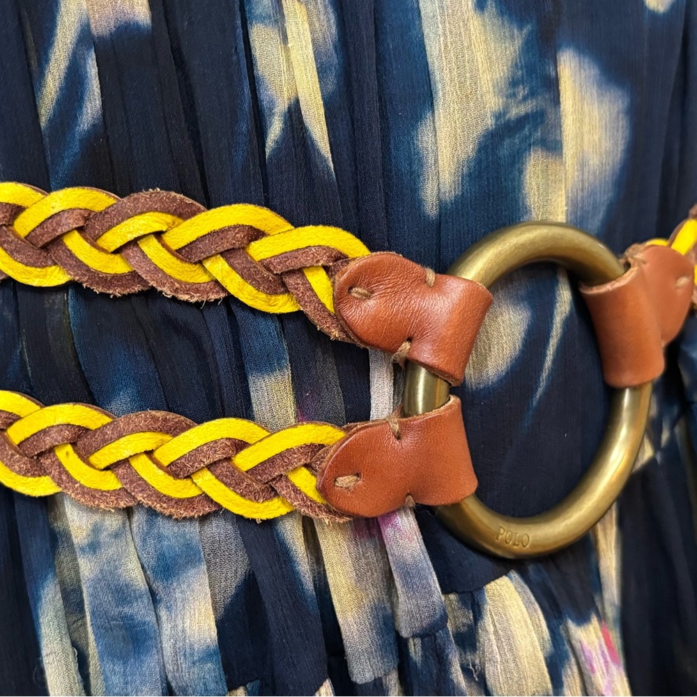 Polo Ralph Lauren  Yellow Brown Braided Leather Belt Brass Buckles S/M/L